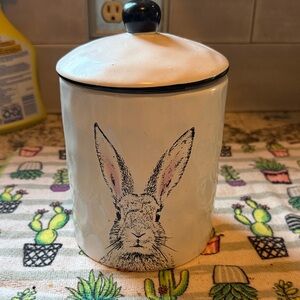White Ceramic Jar with Rabbit Design